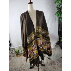 Womens Kimono Wrap Sweater 52"x 66" Brown Paisley Fringe Hem Elegant Scarves